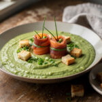 Erwtensoep met zalm en croutons