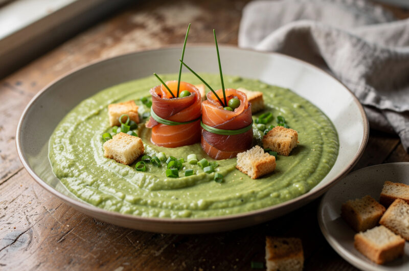 Erwtensoep met zalm en croutons
