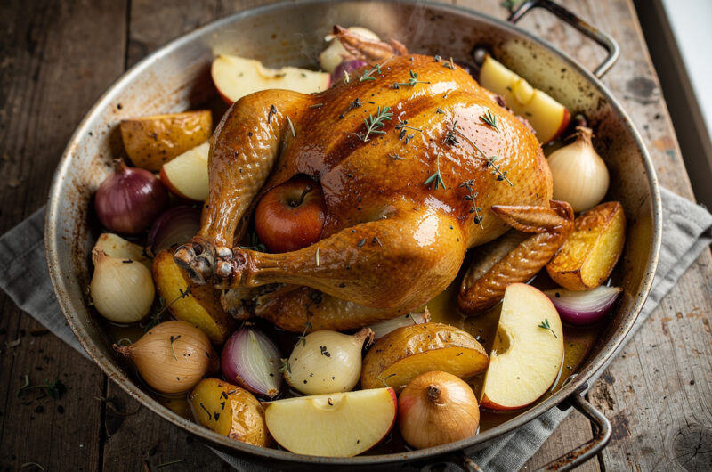 Gebraden kip met appel, ui en aardappelen