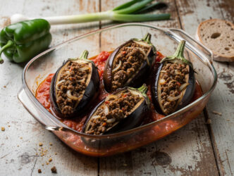 Gevulde aubergine op tomaat