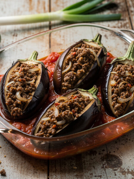 Gevulde aubergine op tomaat