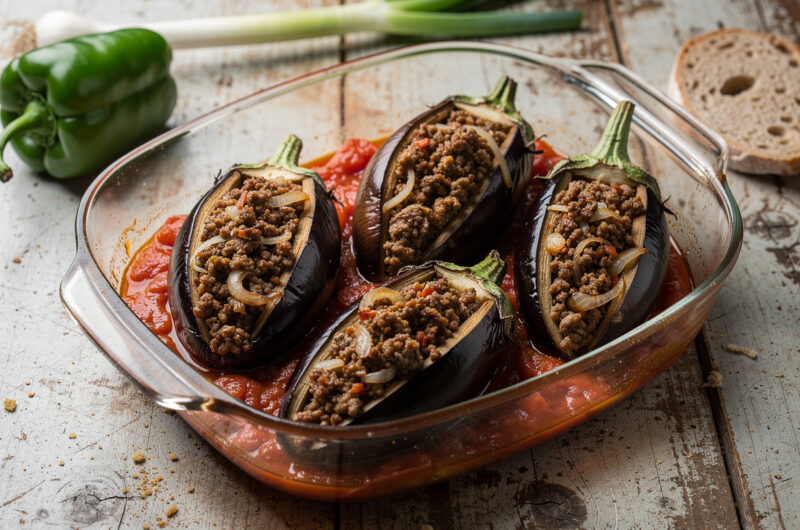 Gevulde aubergine op tomaat