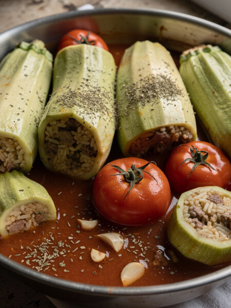 Kousa mahshi gevulde courgette in tomatensaus