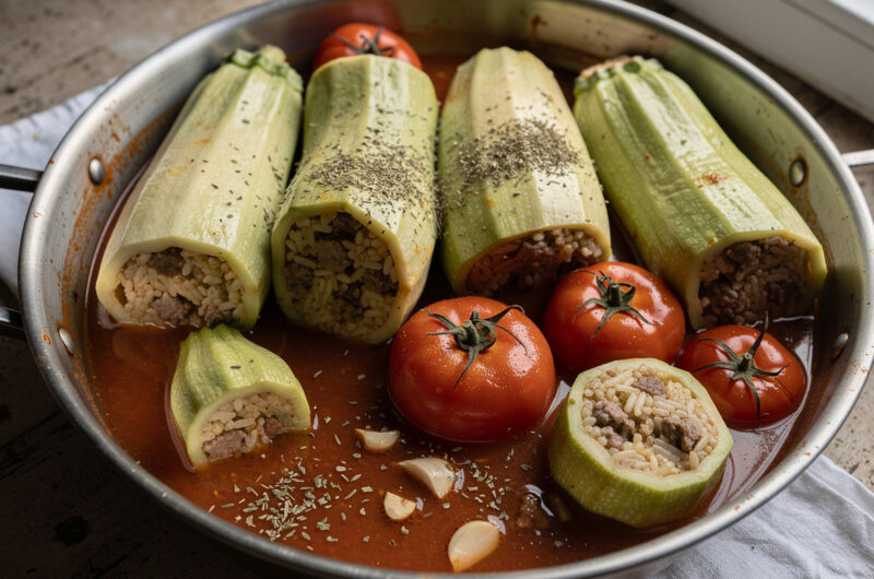 Kousa mahshi gevulde courgette in tomatensaus