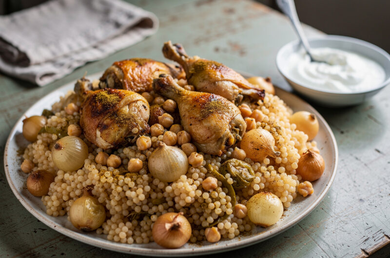 Moghrabieh met kip, zilveruitjes en kikkererwten